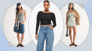 A collage featuring three photos of female models wearing Abercrombie women's clothing (a gray henley tank and blue jorts; a black long-sleeve shirt and blue jeans; a light green and white gingham matching set and a beige trench coat).