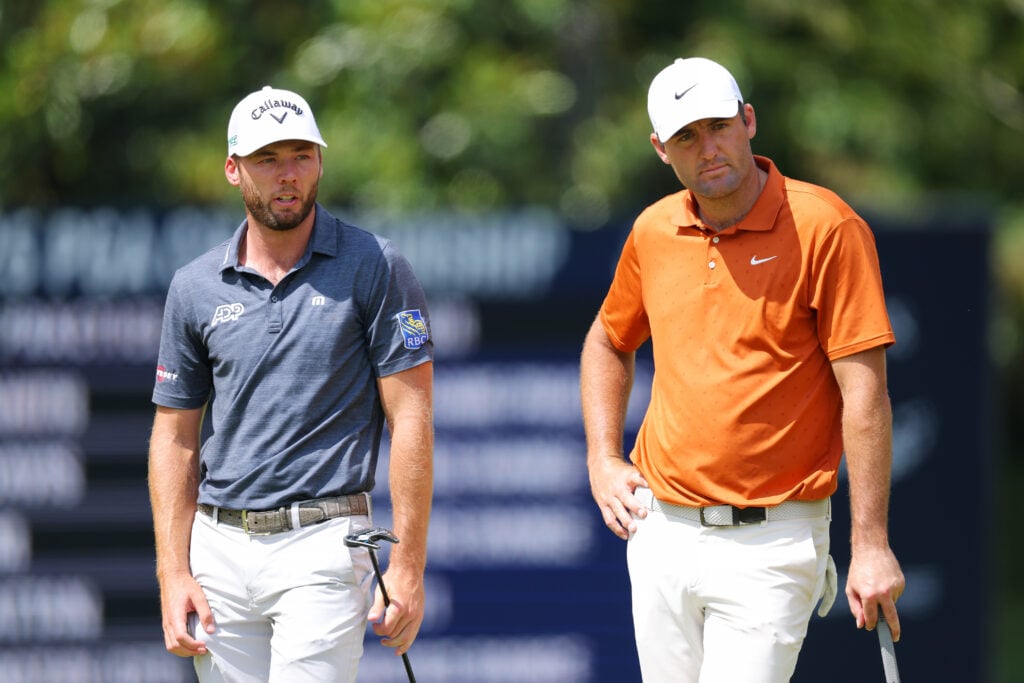 Sam Burns with Scottie Scheffler ahead of the 2025 PGA Championship