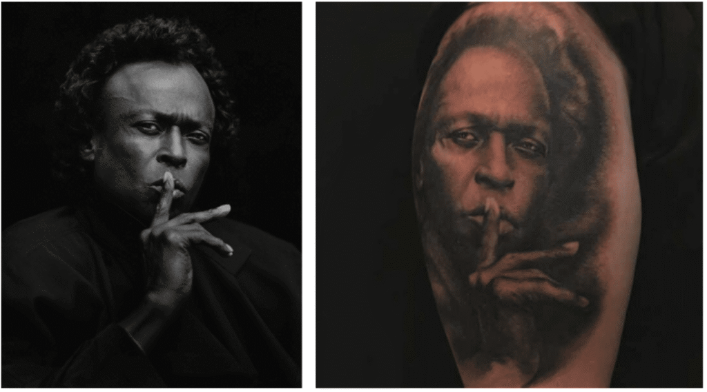 Side-by-side comparison of Jeffrey Sedlik's black-and-white portrait of Miles Davis with a finger to his lips, and Kat Von D's tattoo of the same image.