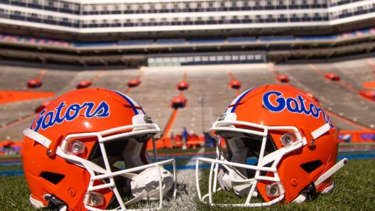 Two helmets rest on Steve Spurrier-Florida Field before the start of the Orange and Blue game at Ben Hill Griffin Stadium in
