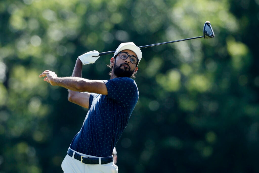 Akshay Bhatia hits a tee shot during the second round of the BMW Championship