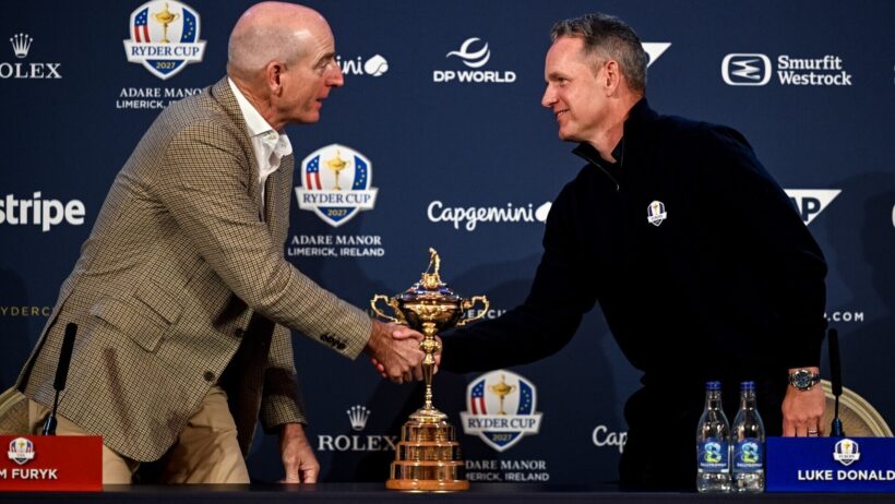 Team United States captain Jim Furyk, left, and Team Europe captain Luke Donald shake hands after the 2027 Ryder Cup Year To Go Celebration on Sunday at Adare Manor in Limerick. Photo: Brendan Moran/Sportsfile