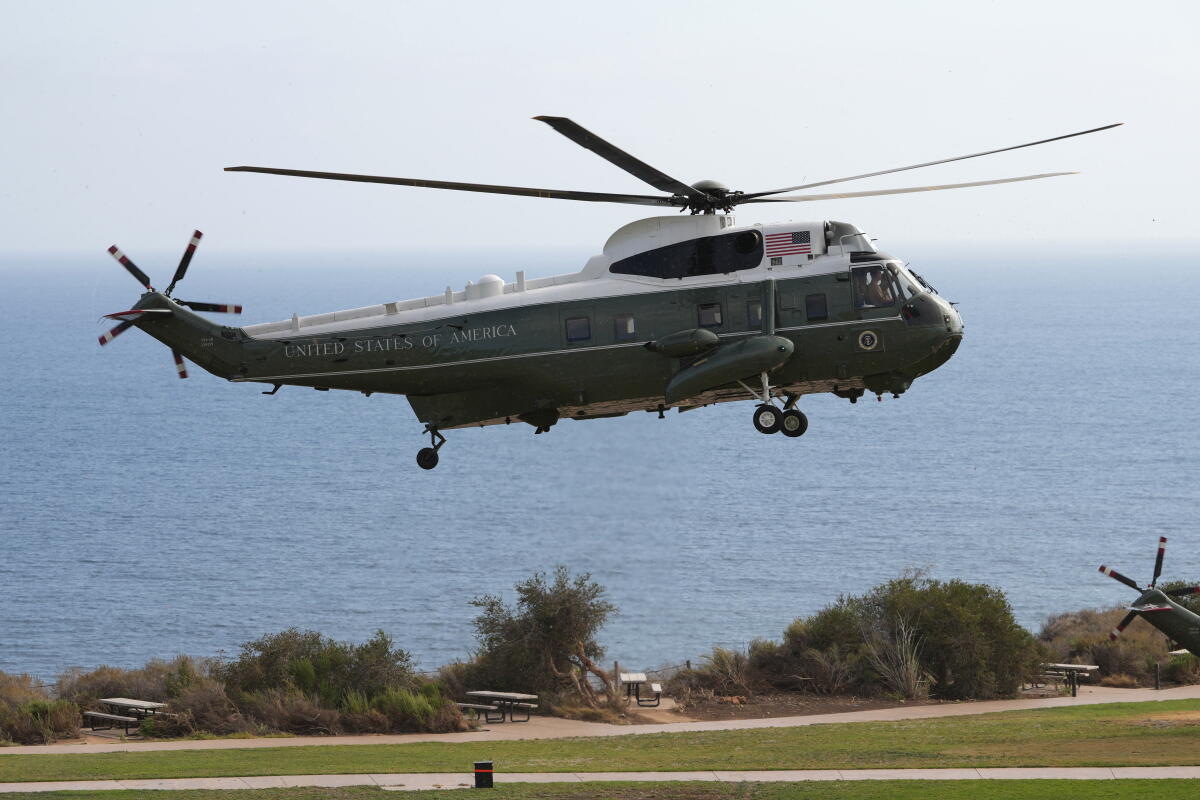 Marine One, with President Trump aboard, lands near Trump National Golf Club in Rancho Palos Verdes.