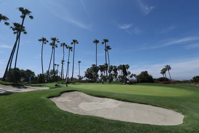 NEWPORT BEACH, CALIFORNIA - MARCH 27: A bunker is seen on the 4th green during Round One of the Hoag Classic at Newport Beach Country Club on March 27, 2026 in Newport Beach, California. (Photo by Ronald Martinez/Getty Images)