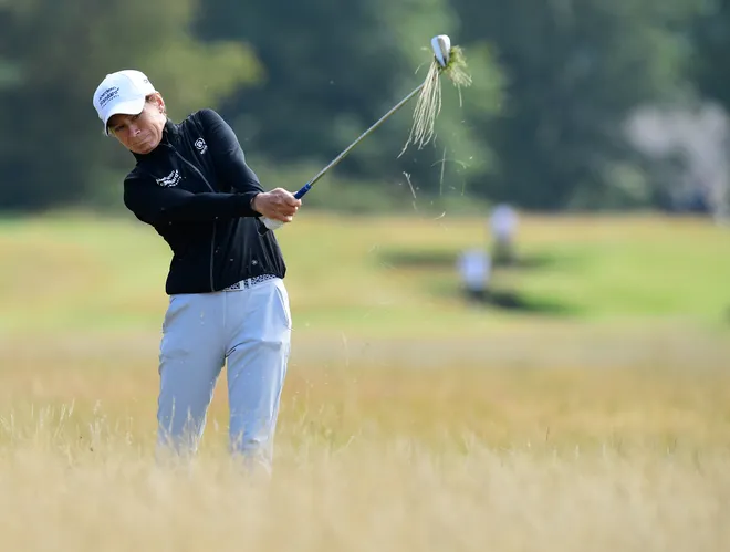 Catriona Matthew of Scotland plays her second shot from deep rough at the 2nd hole during day one of the Aberdeen Standard Investments Ladies Scottish Open at The Renaissance Club on August 13, 2020 in North Berwick, Scotland.