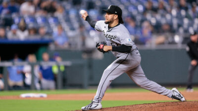 Luis Castillo pitches for the White Sox in the ninth inning against the Royals at Kauffman Stadium on Sep 22, 2026