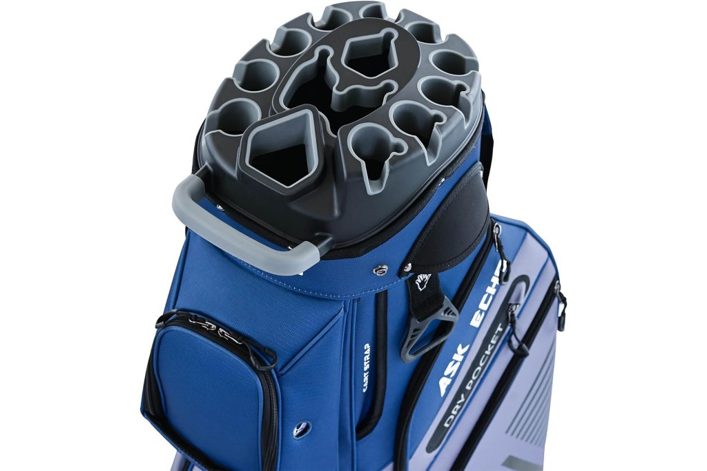Top-down view of a blue and grey golf bag highlighting its specialized divider top with individual slots for clubs.