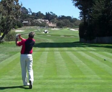John Cook hits a driver at Pebble Beach Golf Links
