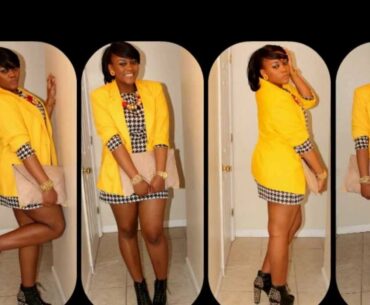 OOTN: CLASSY WITH AN EDGE (spiked litas, yellow blazer, houndstooth dress, nude clutch)