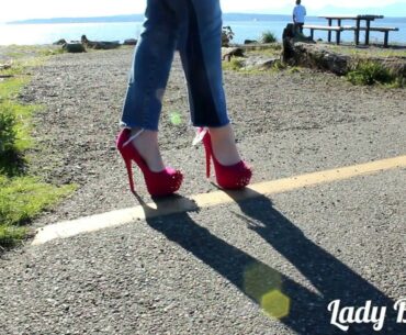 OOTD Shoeplay and Walking at Ocean in Spiked Platform Plateau Heels on Curvy Woman