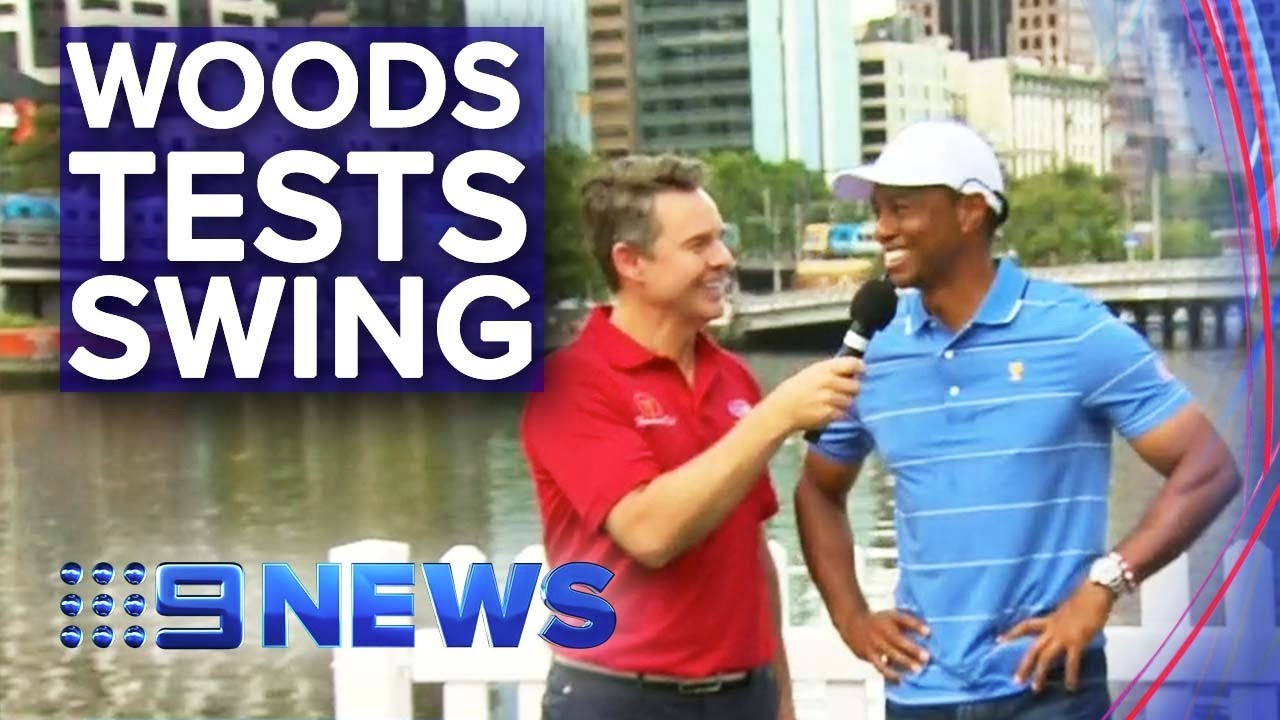 Golfer Tiger Woods tests out swing in Melbourne | Nine News Australia Golfer Tiger Woods tests out swing in Melbourne | Nine News Australia