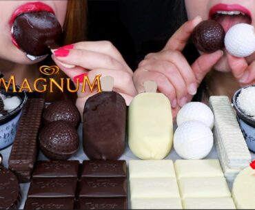 ASMR DARK + WHITE CHOCOLATE GOLF BALLS, MAGNUM ICE CREAM, OREO WAFER, MOCHI CUPS 먹방 | Kim&Liz ASMR