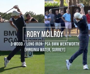 Rory McIlroy Golf Swing 3 wood & Long Iron (front view), BMW PGA Wentworth, (Surrey) September 2019.