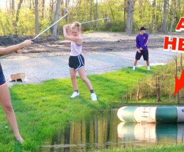 HITTING THE TRAMPOLINE WITH GOLF BALLS!! POND GOLFING!