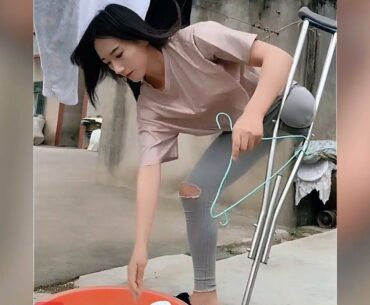 Lovely Amputee Girl Washing Clothes #2