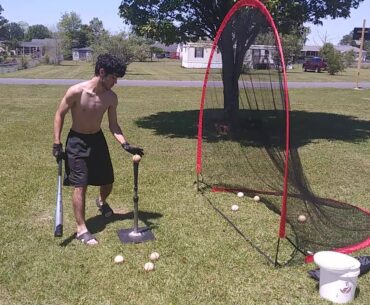 Dylan Araujo working hitting tee at home.