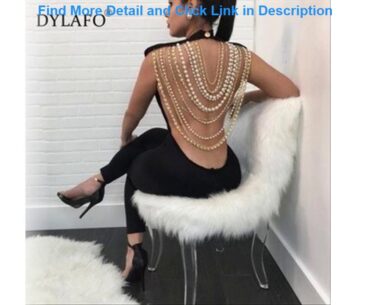 Slide Hot Sale Pearl Chain Sexy Backless Jumpsuit Women Sleeveless Skinny Bodycon Rompers Women Par