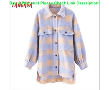 Review Tangada vintage purple lattice long jacekt coat women 2020 spring shirt jacket oversized plu