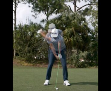 Dustin Johnson Slow Motion Overlay showing the forward handle position that produces a lag impact.