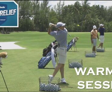 Rory Mcilroy and Rickie Fowler warm up on the range before the Driving Relief match