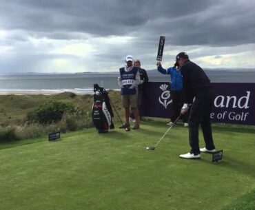 Jimmy Walker hitting his tee shot on no. 15 at Gullane in the Scottish Open pro-am