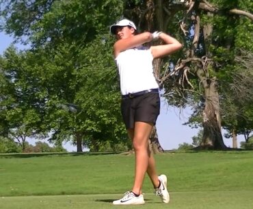 Senior Elena Sinde Romero tees off at the 2019 SAC Championship