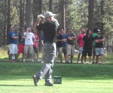 Aaron Rodgers teeing off at 2015 American Century golf event Lake Tahoe