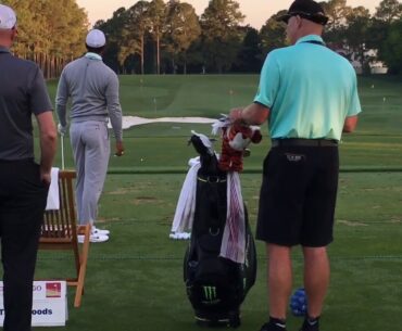 Amazing Tiger Woods warm up hits 50 yard sign 3 out of 4 times