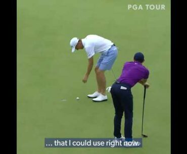 Justin Thomas and Tiger Woods try to bait Rory McIlroy after a missed putt at the Payne's Valley Cup