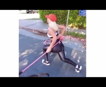 Lunges in Super Shiny Spandex Leggings with Dogwalking