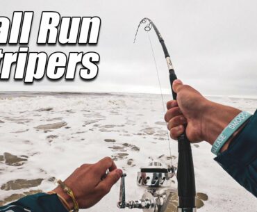 CRAZY High Strong Surf Fishing for Striped Bass on Long Island South Shore with White Bucktails