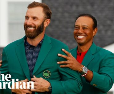 ‘Awesome and unbelievable’: Dustin Johnson receives green jacket from Tiger Woods