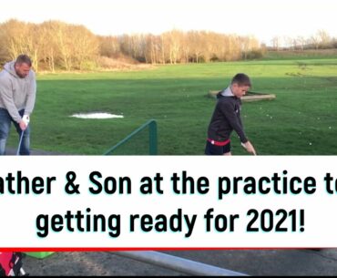 Golf Practice Range Tee - Father and Son practice their long club shots ready for 2021 Season