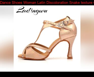 Ladingwu Dance Shoes Woman Latin Discoloration Snake texture Gold PU Salsa Dance Shoes 9cm Cuban He