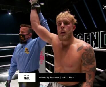Jake Paul celebrates after knocking out Nate Robinson on the Tyson v Jones undercard