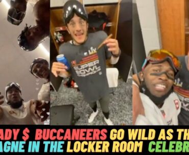 tom brady and buccaneers wild celebrations in the locker room pop champagne{bucs celebrate win 2021}