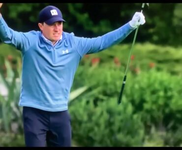 Jordan Spieth holes out on Saturday on 16 at the Pebble Beach AT&T.