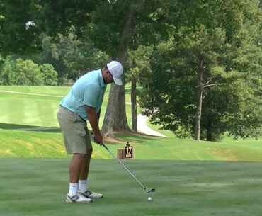 Jonathan Keppler tees off at the par-3 17th