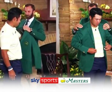 Hideki Matsuyama reacts to winning Masters and is presented with green jacket by Dustin Johnson