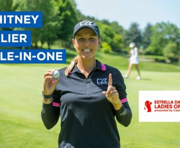 Whitney Hillier makes an ACE at 2019 Estrella Damm Ladies Open and celebrates with caddy Mike Dean