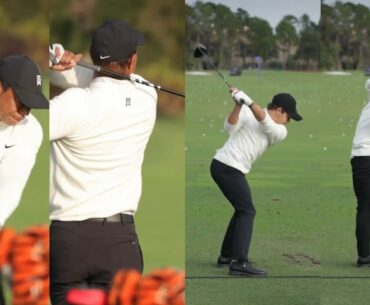 Tiger Woods and Charlie Woods Practice Range At PNC Championship 2022
