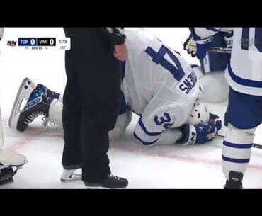 Auston Matthews down after blocking a shot in the right knee