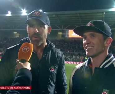 An incredible interview with Ryan Reynolds and Rob McElhenney as Wrexham gain Football League status