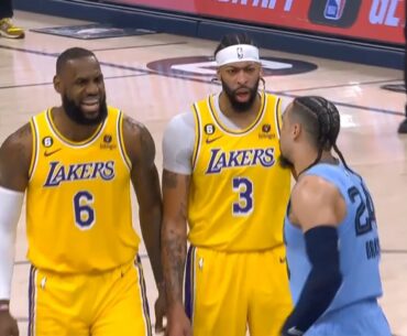 Anthony Davis and LeBron James taunt Dillon Brooks after AD blocks his shot into the crowd