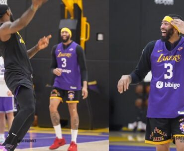 LeBron James shocks Anthony Davis after hitting hook shot from half court at practice 😂