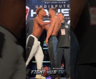 HEATED DEVIN HANEY PUSHES VASILIY LOMACHENKO DURING INTENSE WEIGH IN!