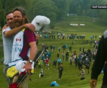 Adam Hadwin tackled by security while celebrating Nick Taylor's win