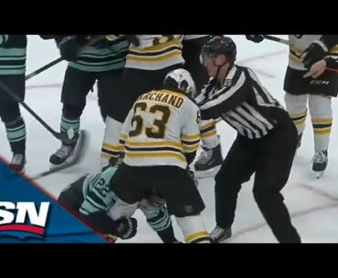 Bruins' Brad Marchand Delivers Slew Foot On Kraken's Oliver Bjorkstrand Amid Scrum After Whistle