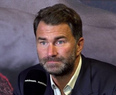 Eddie Hearn reacts after Anthony Joshua's win over Robert Helenius at O2 Arena