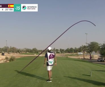 Carlota Ciganda drives the 317 yard par-4 18th hole at Riyadh Golf Club | Aramco Team Series